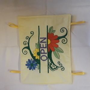 "Open/Closed " Yellow machine embroidered sign.. Polyester.. 9"x11.5".. handcraf